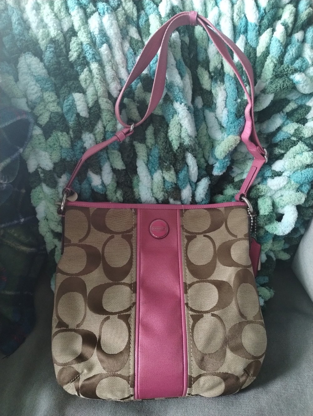 Coach Brown Signature Canvas Shoulder Bag with Pink Trim